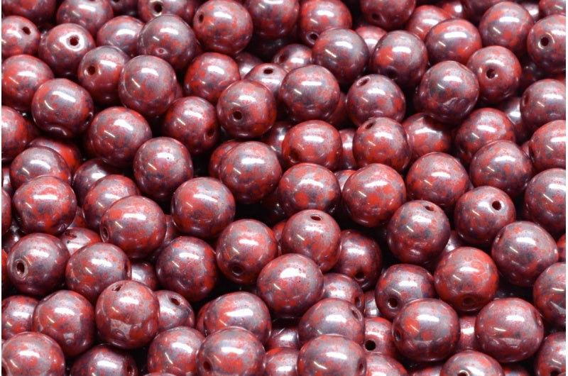 Round Druck Beads, Opaque Red Terracotta Blue (93200-15464), Glass, Czech Republic