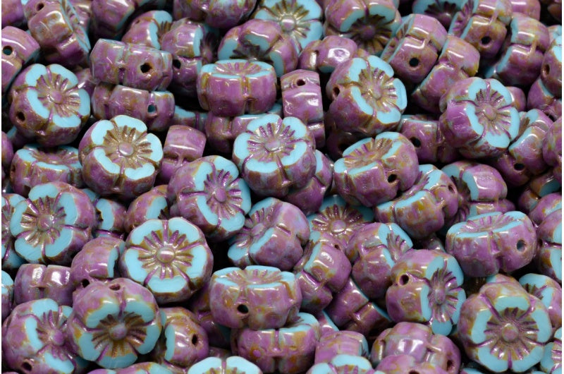 Table Cut Hawaii Flower Beads, Turquoise Blue Travertin Pink Spotted (63030-86800-33306), Glass, Czech Republic