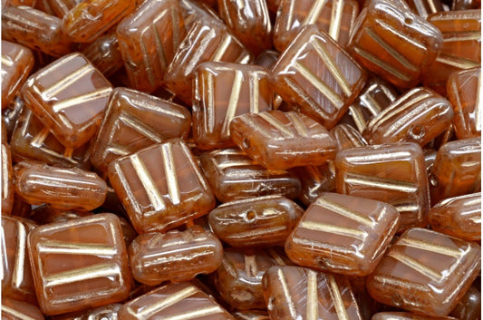 Table Cut Square Designed Beads, Opal Pink Travertin Gold Splash (71010-86800-86710), Glass, Czech Republic