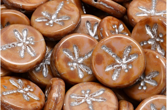 アウトレット 10グラム ラウンドフラットビーズ トンボ付き 17 x 17 mm 不透明ピンクトラバーチン シルバーライニング (74020-86800-54301) ガラス チェコ共和国