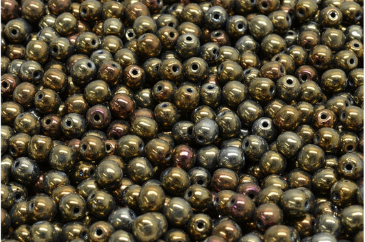 ラウンドドラックビーズ、ブラックブラウンアイリス（23980-21415）、ガラス、チェコ共和国