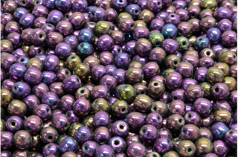 Round Druck Beads, Black Purple Iris (23980-21495), Glass, Czech Republic