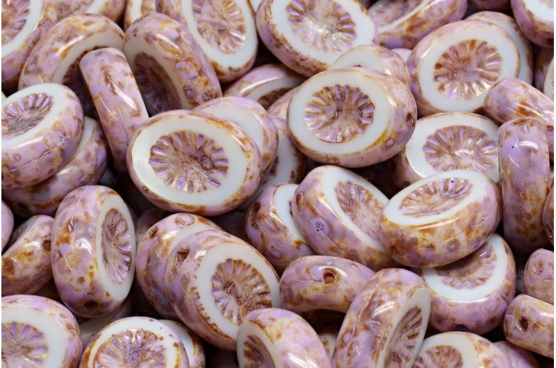 Table Cut Kiwi Beads, White Travertin Cold Purple Spotted (02010-86800-33305), Glass, Czech Republic