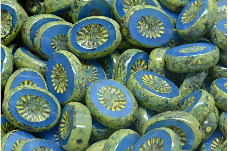 テーブルカットキウイビーズ、オパールブルートラバーチンベージュイエロースポット（31000-86800-33303）、ガラス、チェコ共和国