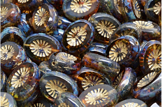 OUTLET 10 grams Table Cut Kiwi Beads, 14 x 10 mm, Transparent Orange Transparent Blue Travertin Gold Lined (10050-30030-86800-54302), Glass, Czech Republic