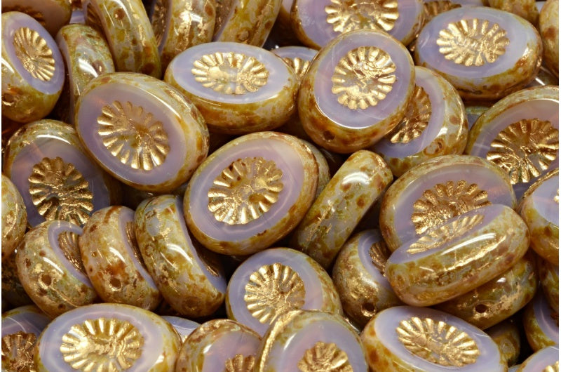 Table Cut Kiwi Beads, Opal Dark Lavender Travertin Gold Lined (21010-86800-54302), Glass, Czech Republic