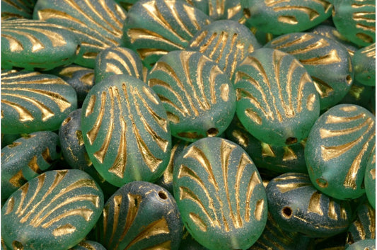 Oval With Lines, Transparent Green Emerald Matte Gold Lined (50720-84100-54302), Glass, Czech Republic