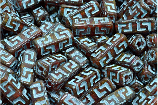 ケルトブロックビーズ、ホワイトレッドトラバーチンライトブルーラインド (R2908-86800-54308)、ガラス、チェコ共和国