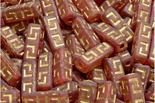 Celtic Block Beads, White Red Matte Gold Lined (R2908-84100-54302), Glass, Czech Republic