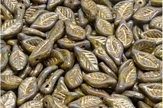 Bay Leaf Beads, Opaque Green Travertin Gold Lined (53400-86800-54302), Glass, Czech Republic