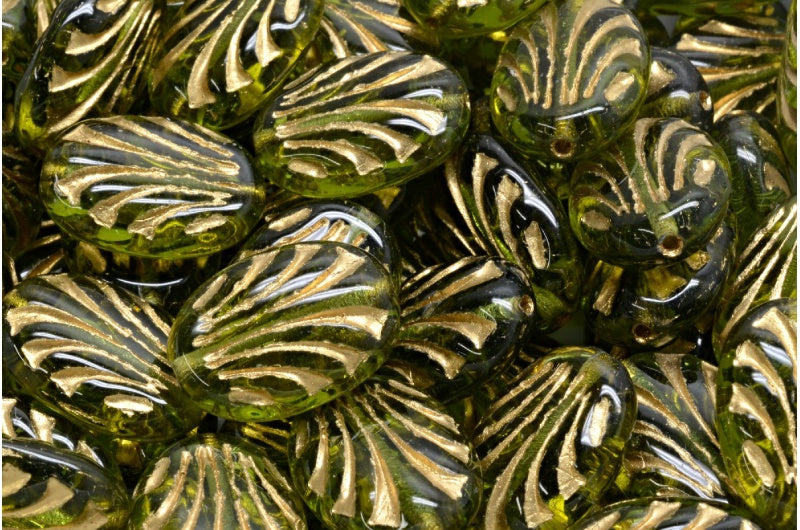 Oval With Lines, Transparent Green Gold Lined (50230-54302), Glass, Czech Republic