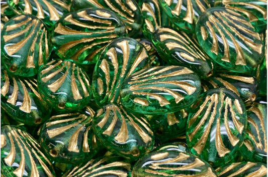 Oval With Lines, Transparent Green Emerald Gold Lined (50720-54302), Glass, Czech Republic