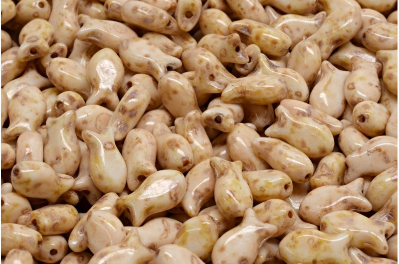 Simple Fish Beads, White Travertin Beige Travertin Spotted (02010-86800-33301), Glass, Czech Republic