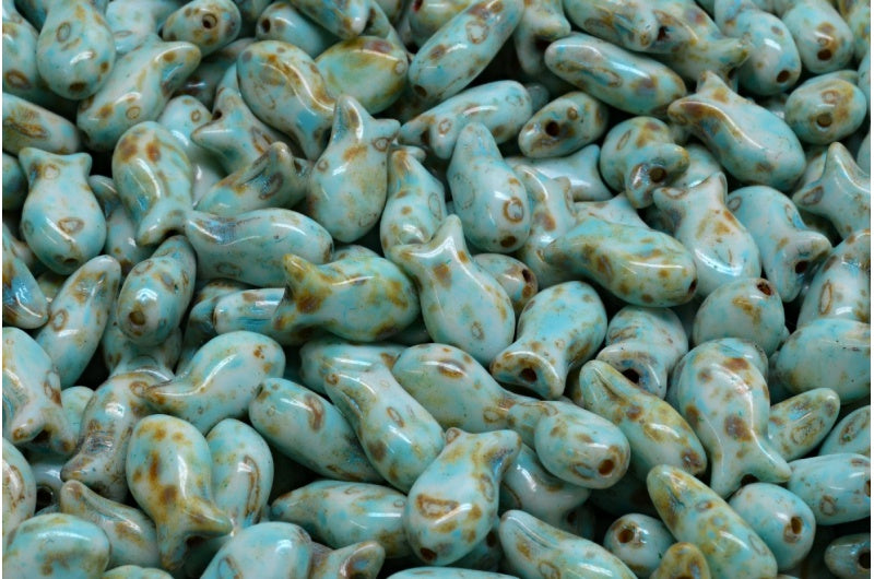 Simple Fish Beads, White Travertin Turqouise Spotted (02010-86800-33309), Glass, Czech Republic