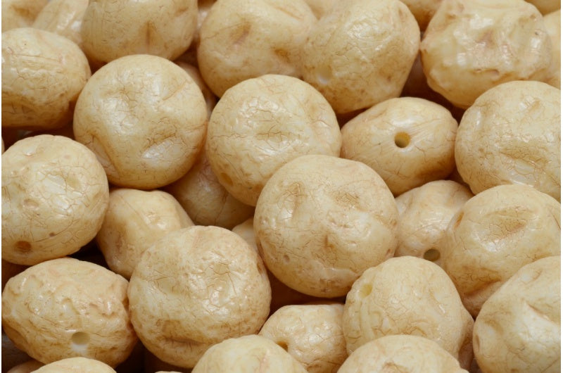 Monon 石珠，白色蚀刻米色石灰华斑点（02010-etch-33301），玻璃，捷克共和国