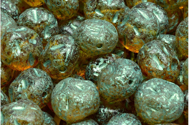 Monon Stone Beads, Crystal Etched Travertin Green Lined (00030-etch-86800-54315), Glass, Czech Republic