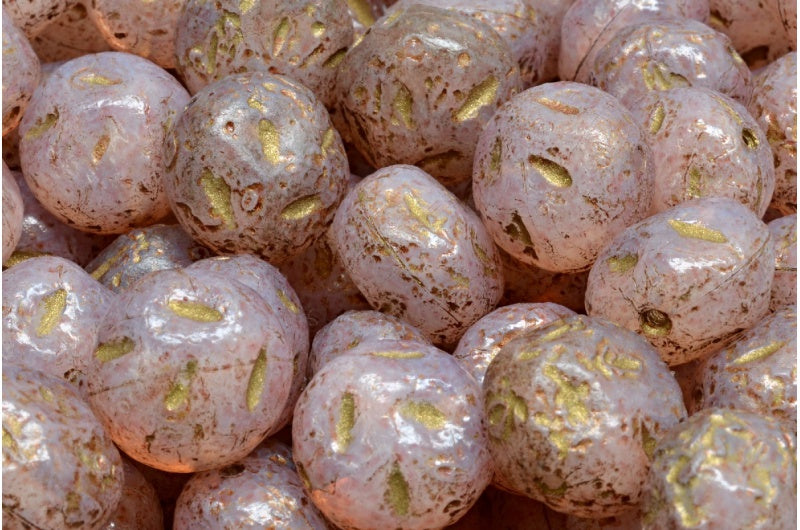 Monon Stone Beads, Opal White Etched Gold Lined Light Pink (01000-etch-54302-34304), Glass, Czech Republic