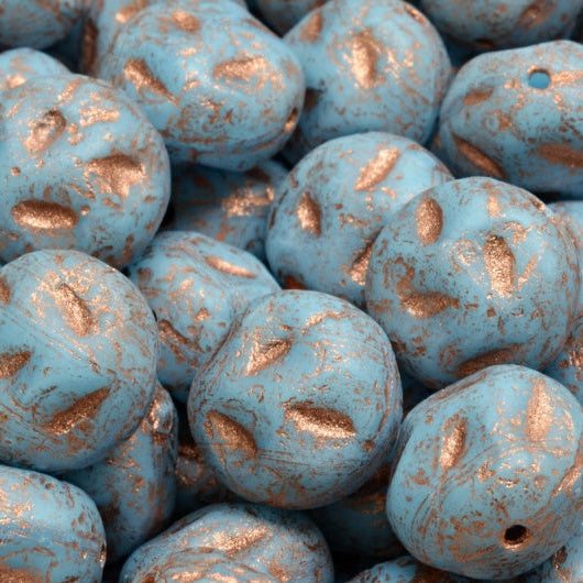 アウトレット 10グラム モノンストーンビーズ、13 x 11 mm、トルコ石エッチング銅ライニング（64000-etch-54318）、ガラス、チェコ共和国