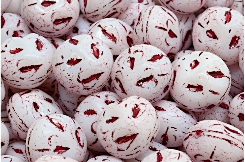 モノンストーンビーズ、白赤ライン入り（02010-54314）、ガラス、チェコ共和国