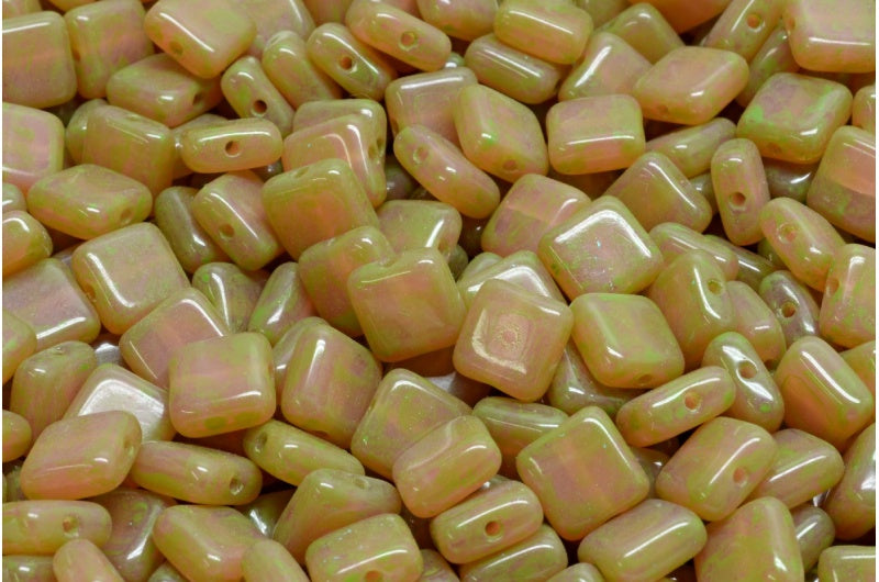 方形珠子，蛋白石粉红绿点（71400-33311），玻璃，捷克共和国