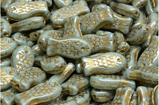 奥特莱斯 10克中号鱼形珠，14 x 7毫米，白色光泽绿色全镀金衬里（02010-14457-54302），玻璃，捷克共和国