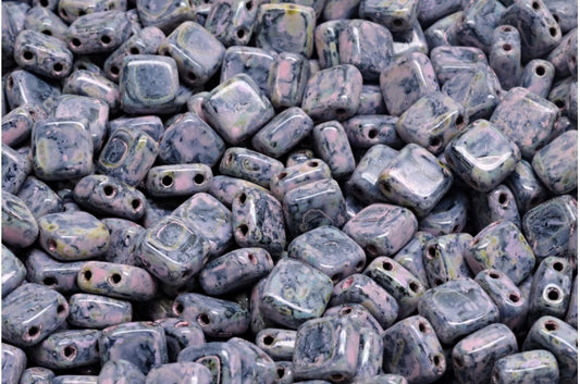 2-Holes Pressed Tile Beads, Black Travertin Warm Purple Spotted (23980-86800-33304), Glass, Czech Republic