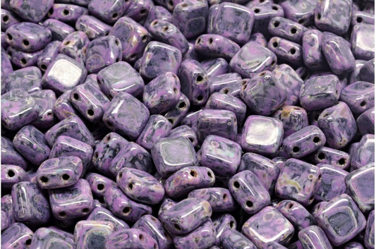 2穴プレスタイルビーズ、ブラックトラバーチンピンクスポット（23980-86800-33306）、ガラス、チェコ共和国