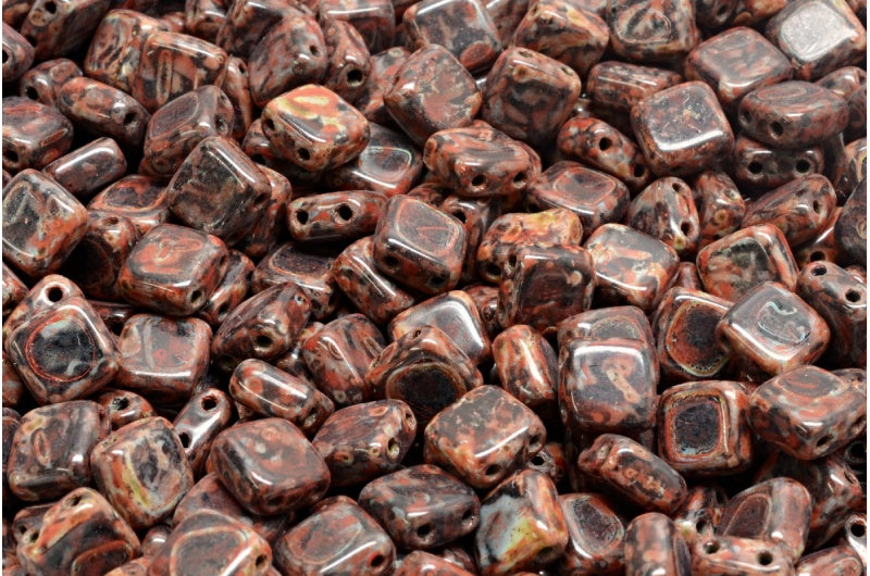 2-Holes Pressed Tile Beads, Black Travertin Beige Orange Spotted (23980-86800-33307), Glass, Czech Republic