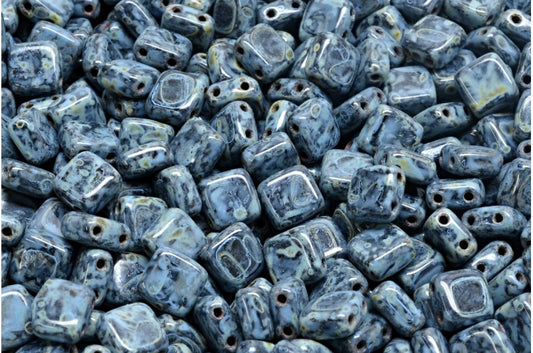 2-Holes Pressed Tile Beads, Black Travertin Blue Spotted (23980-86800-33308), Glass, Czech Republic