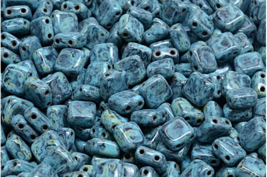 2-Holes Pressed Tile Beads, Black Travertin Turqouise Spotted (23980-86800-33309), Glass, Czech Republic