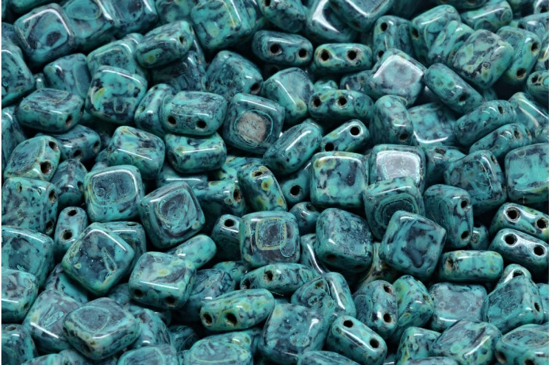 2穴プレスタイルビーズ、ブラックトラバーチンターコイズスポット（23980-86800-33310）、ガラス、チェコ共和国