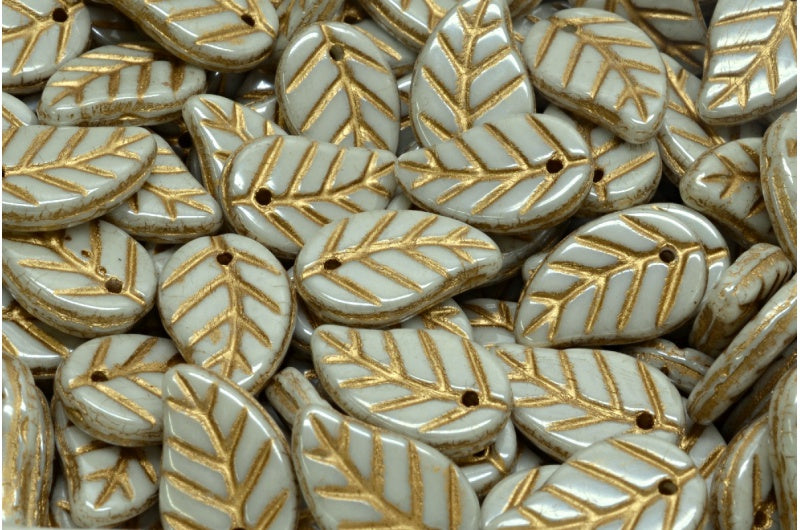 リーフペンダントビーズ、ホワイトラスターグリーンフルコーティングゴールドライニング（02010-14457-54302）、ガラス、チェコ共和国