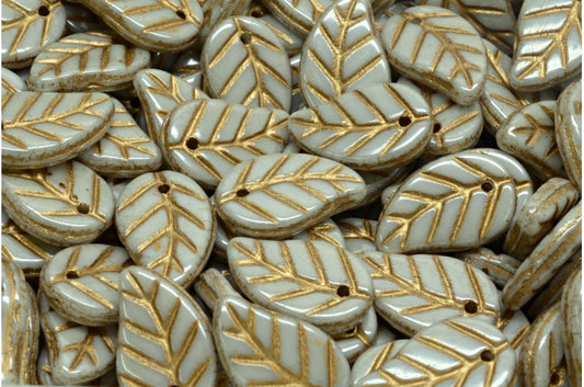 リーフペンダントビーズ、ホワイトラスターグリーンフルコーティングゴールドライニング（02010-14457-54302）、ガラス、チェコ共和国