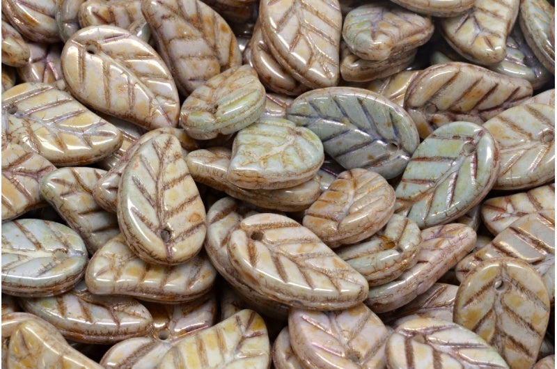 Leaf Pendant Beads, White Stain With Luster Green (02010-65455), Glass, Czech Republic