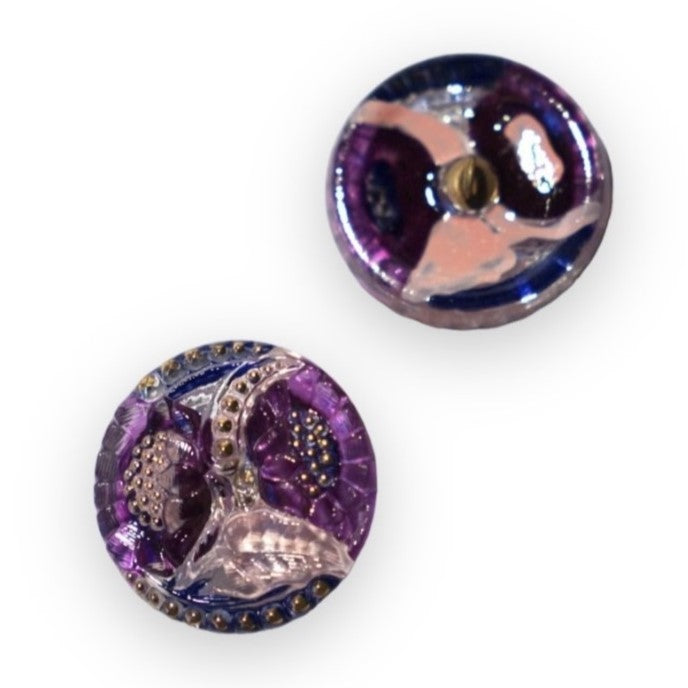 1個 手描きガラスボタン（飾り付き）、サイズ12（27 mm）、ガラス、チェコ共和国