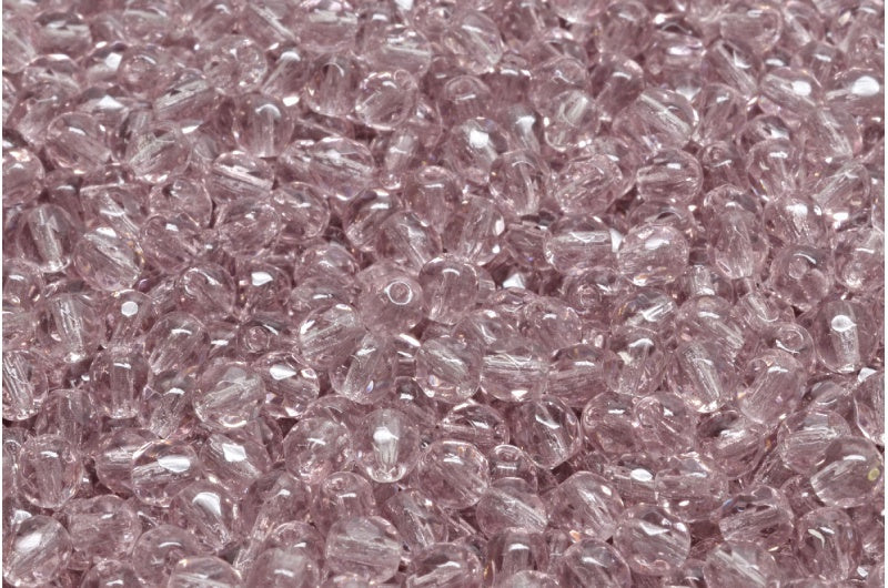 ファセット加工の丸型ファセットポリッシュビーズ、透明ライトアメジスト（20010）、ガラス、チェコ共和国