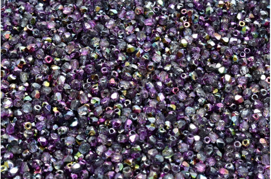 Faceted Round Fire Polished Beads, Crystal Purple Vitrail (00030-95500), Glass, Czech Republic