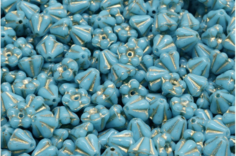 OUTLET 10 grams Bell Flower Beads, 4 x 6 mm, Blue Gold Lined (63020-54302), Glass, Czech Republic