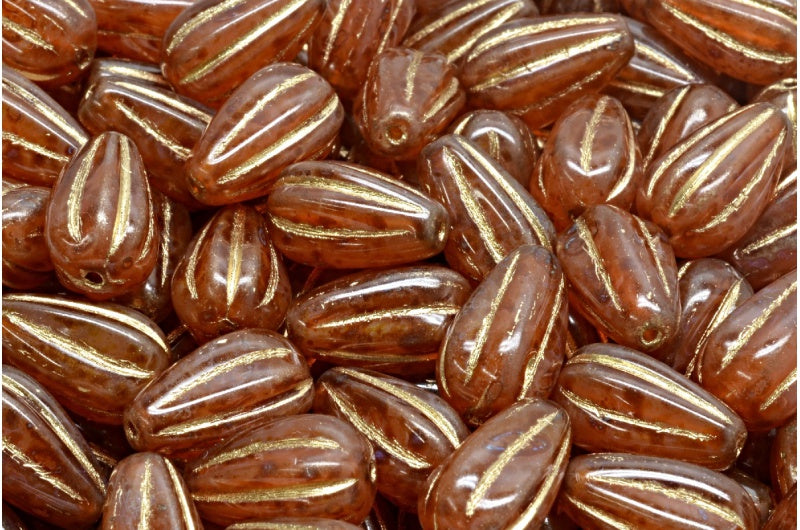 ドロップメロンビーズ、オパールピンクトラバーチンゴールドライン（71010-86800-54302）、ガラス、チェコ共和国