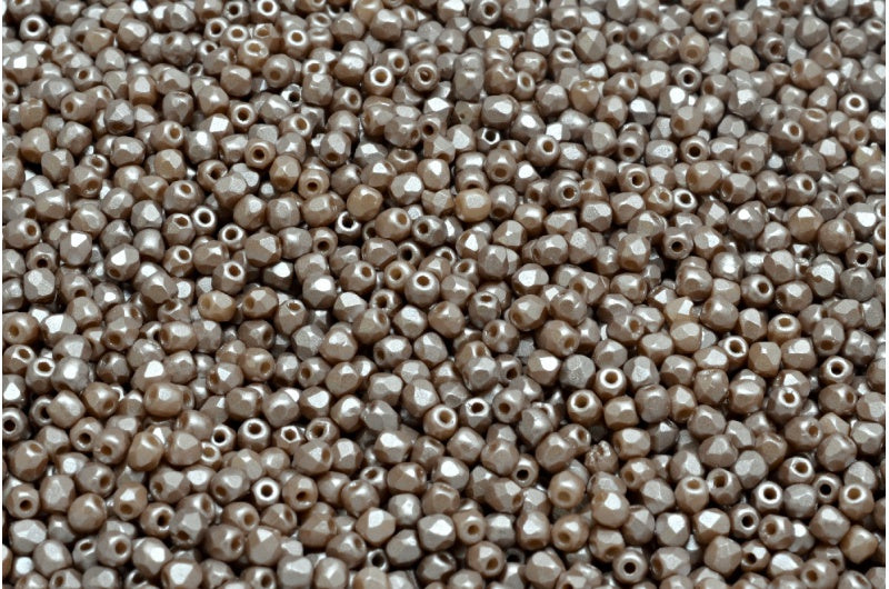 ファセット加工のラウンド型ファイヤーポリッシュビーズ、チョークホワイトライトブラウン（03000-25005）、ガラス、チェコ共和国