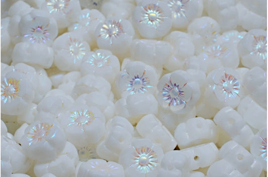 OUTLET 10 grams Table Cut Hawaii Flower Beads, 8 x 8 mm, White Ab Full (2X Side) (02010-28703), Glass, Czech Republic