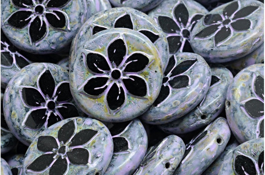 Table Cut Coin Flower Beads, Black Travertin Cold Purple Spotted (23980-86800-33305), Glass, Czech Republic