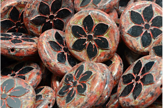 桌切花形钱币珠，黑色石灰华米色橙色斑点 (23980-86800-33307)，玻璃，捷克共和国