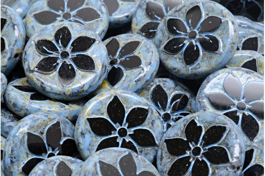 台面切割硬币花珠，黑色石灰华蓝色斑点（23980-86800-33308），玻璃，捷克共和国