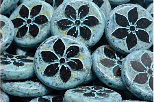 テーブルカットコインフラワービーズ、ブラックトラバーチンターコイズスポット（23980-86800-33309）、ガラス、チェコ共和国