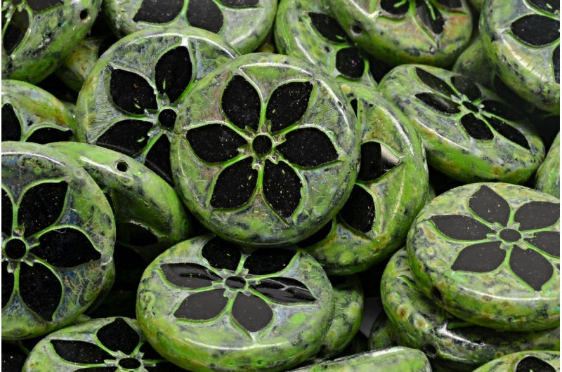 台面切割硬币花珠，黑色石灰华绿点（23980-86800-33311），玻璃，捷克共和国