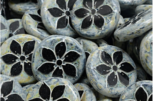 Table Cut Coin Flower Beads, Black Travertin Beige Spotted (23980-86800-33312), Glass, Czech Republic