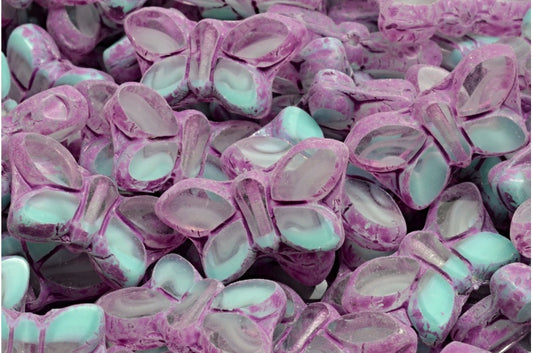 OUTLET 5 grams Table Cut Butterfly Beads, 11 x 20 mm, Teal Pink Spotted (56218-33306), Glass, Czech Republic