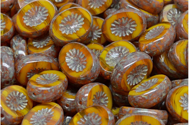 Table Cut Kiwi Beads, 81250 Travertin Gold Lined (81250-86800-54302), Glass, Czech Republic