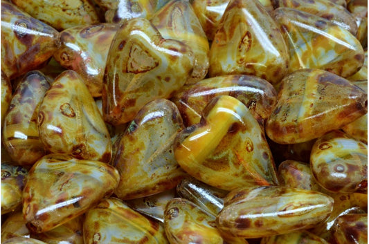 細長いハートビーズ、35014 トラバーチン (35014-86800)、ガラス、チェコ共和国